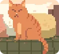 Orange tabby cat with dark thin facial markings sitting upright on a bed