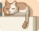 Chubby brown and white patched cat resting on top of a white fridge