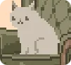 Pale off-white cat with dark square eyes squatting on a bookshelf