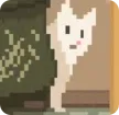 Pure white slender cat with thin black eyes standing beside an armchair