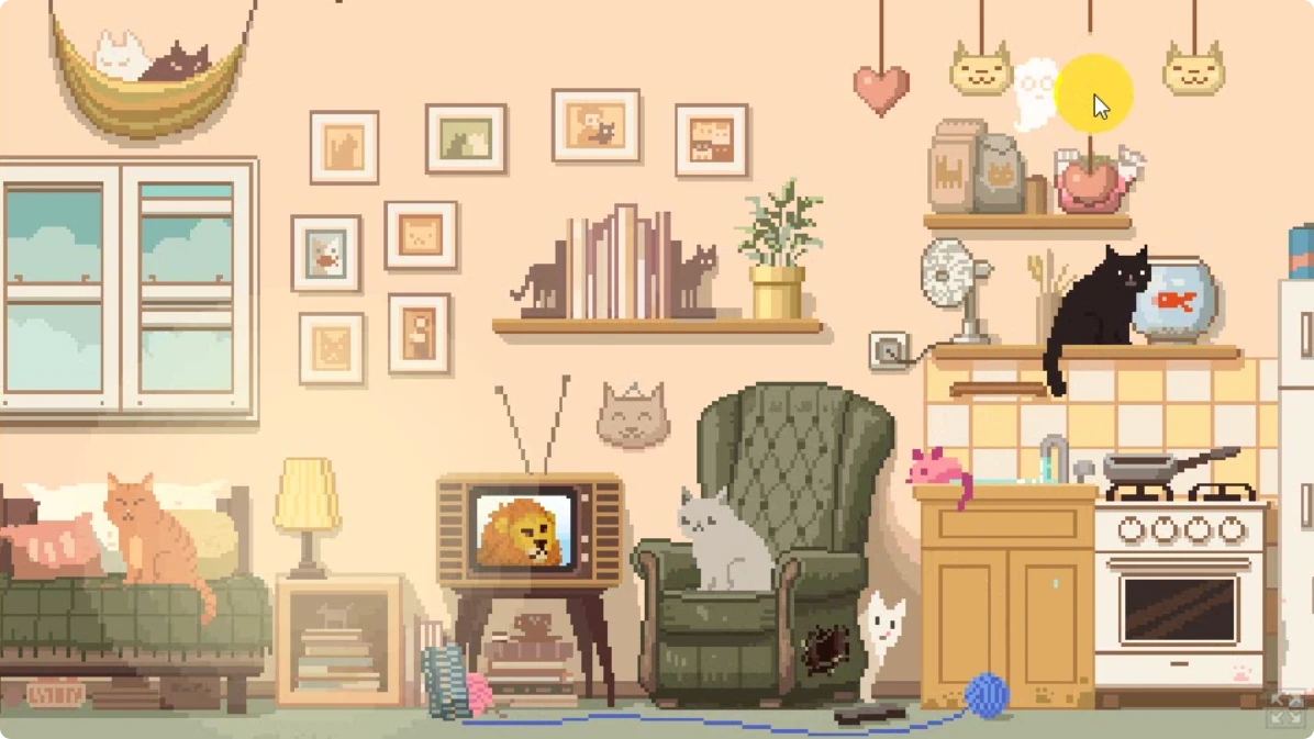 Click the heart ornament so it falls onto the fish-food bag