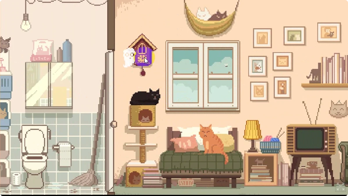 Click the wall clock to wake the black cat Geoffrey